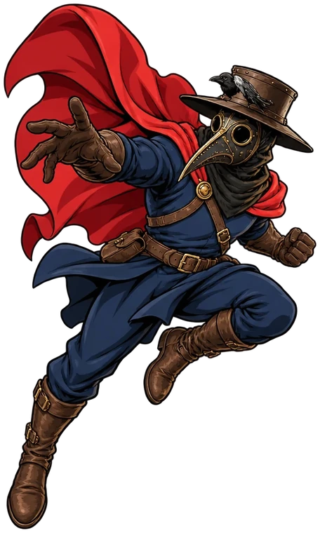 Super Plague leaping forward, cape flying, one gloved hand reaching out